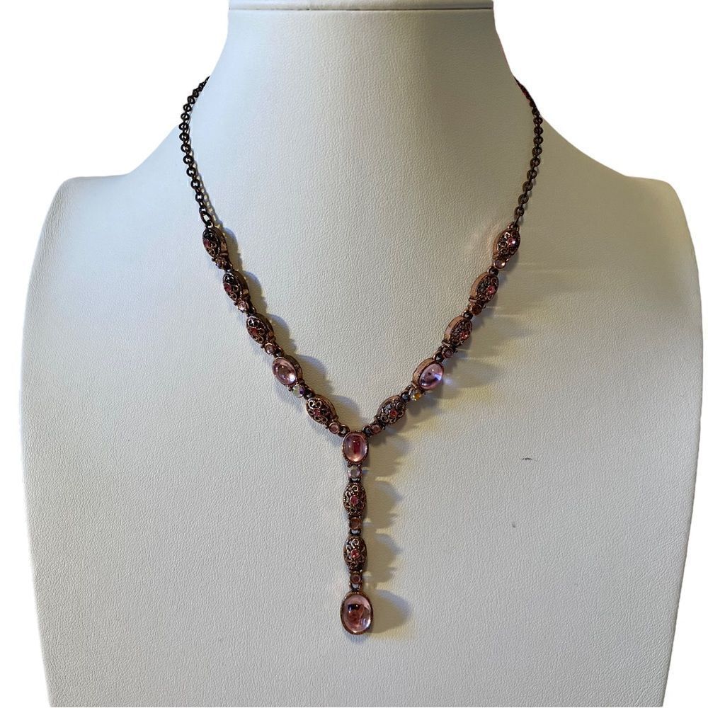 Beautiful Antique Looking Drop Down Pink & Iridescent Crystal Necklace.
